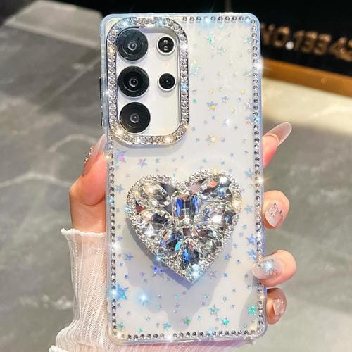 Funda para Samsung Galaxy S23 Ultra 5G con purpurina de diamantes y piedras preciosas en forma de corazón (estrellas transparentes)