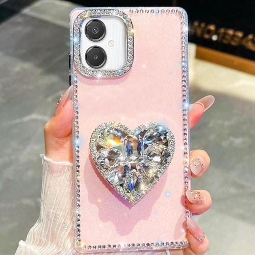 Funda para Samsung Galaxy A07 5G con diseño de corazón, piedras preciosas y brillo de diamantes (rosa claro)
