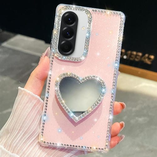 Funda con forma de corazón y espejo con purpurina de diamante para Samsung Galaxy A26 5G (rosa claro)