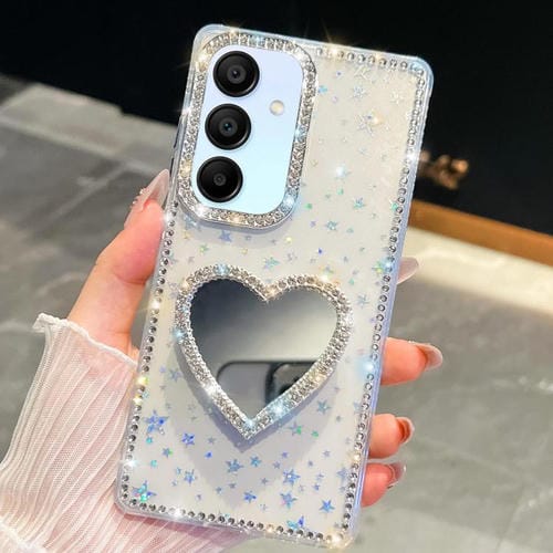Funda para Samsung Galaxy A15 5G con purpurina de diamante y espejo con forma de corazón (estrellas transparentes)