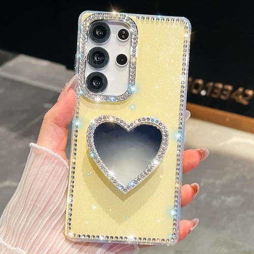 Funda para Samsung Galaxy S23 Ultra 5G con purpurina y espejo con forma de corazón (amarillo claro)