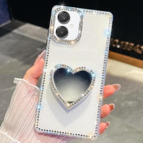 Funda con forma de corazón y espejo con purpurina de diamante para Samsung Galaxy A07 5G (blanca)