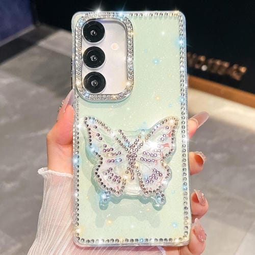 Funda con soporte para Samsung Galaxy A16 5G, diseño de mariposa y diamantes brillantes (verde claro)