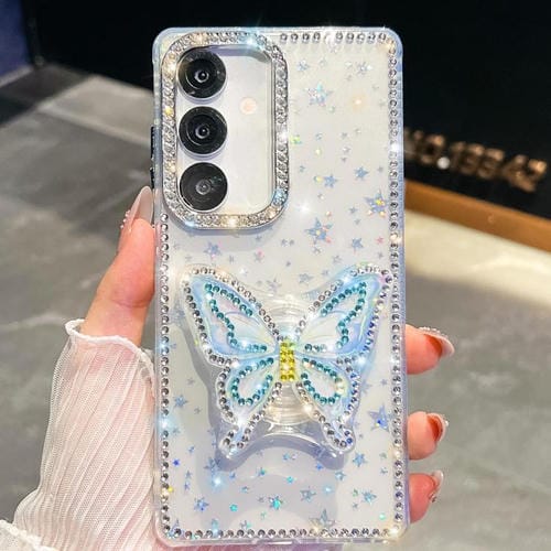 Funda con soporte para Samsung Galaxy S24+ 5G, diseño de mariposas con purpurina de diamante (estrellas transparentes)