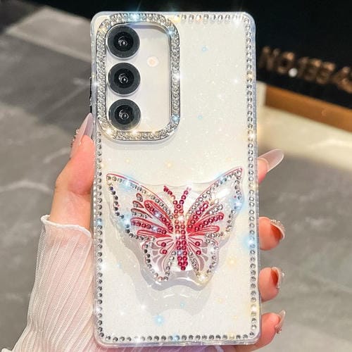 Funda con soporte para Samsung Galaxy S24 5G, diseño de mariposa y diamantes (blanco)