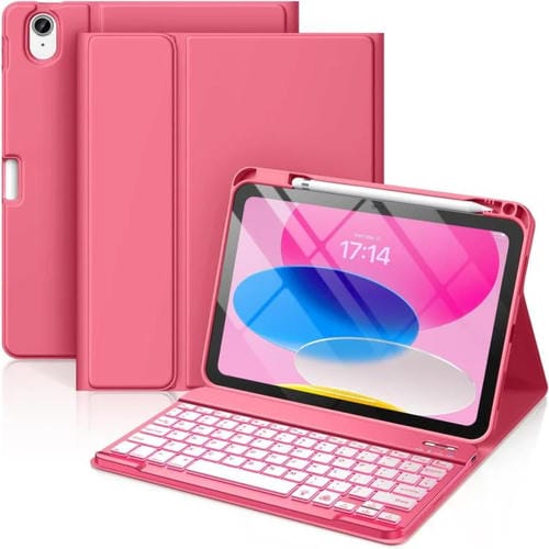Funda de silicona con teclado Bluetooth para iPad 2022 y ranura para bolígrafo (rojo begonia)