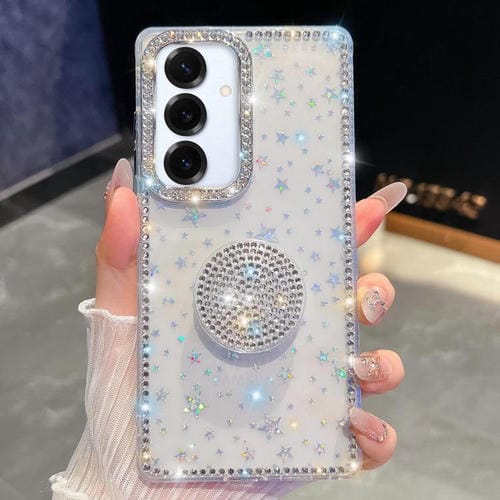 Funda para Samsung Galaxy S25+ 5G con purpurina y diamantes redondos (estrellas transparentes)