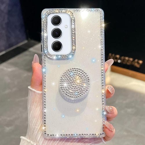 Funda para Samsung Galaxy A55 5G con purpurina y diamantes redondos (transparente)
