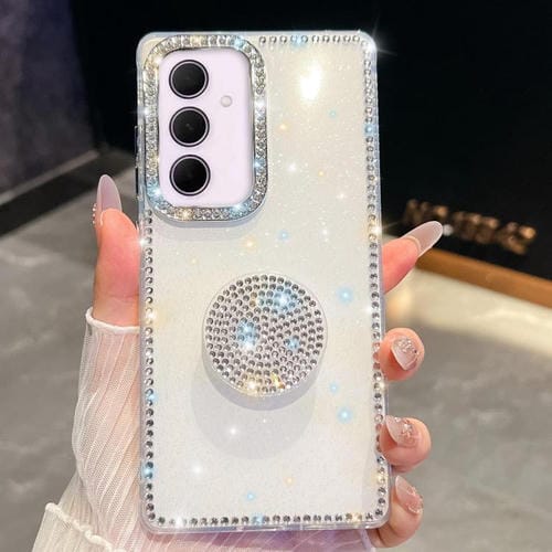 Funda con soporte redondo y purpurina de diamante para Samsung Galaxy A35 5G (blanca)