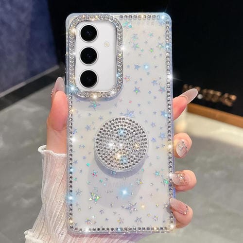 Funda para Samsung Galaxy S24+ 5G con purpurina y diamantes redondos (estrellas transparentes)