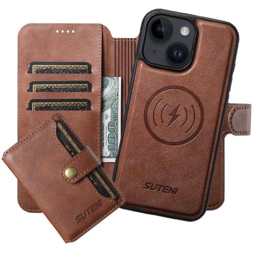 Funda de cuero Suteni Q05S1 3 en 1 con función de billetera desmontable y MagSafe para iPhone 13 (marrón)