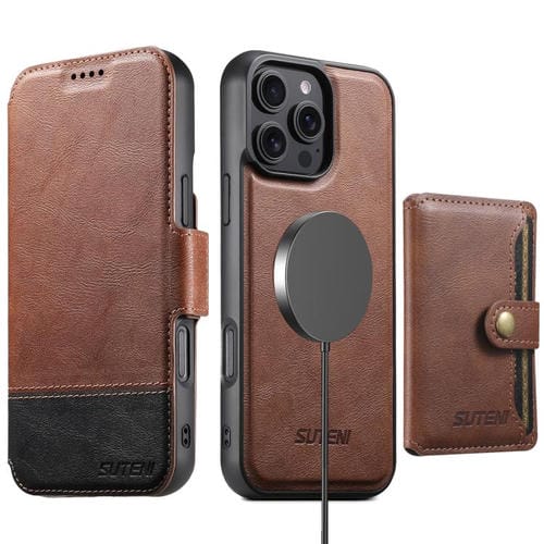 Funda de cuero Suteni Q06S1 3 en 1 con cierre magnético y billetera desmontable para iPhone 15 Pro Max (marrón)