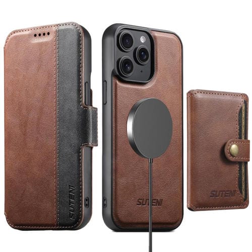 Funda de cuero Suteni Q07S1 3 en 1 con cierre magnético y billetera desmontable para iPhone 15 Pro Max (marrón)