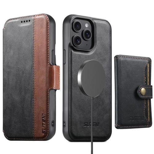 Funda de cuero Suteni Q07S1 3 en 1 con cierre magnético y billetera desmontable para iPhone 14 Pro (negro)
