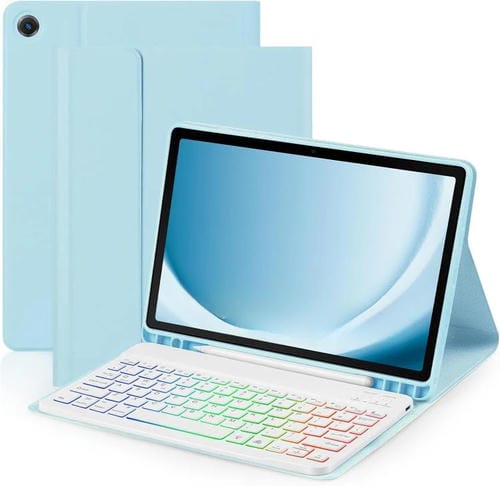 Funda protectora de cuero con teclado Bluetooth retroiluminado de colores para iPad Air 11 (2024) (azul cielo)