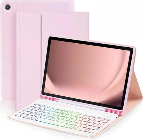 Funda protectora de cuero con teclado Bluetooth retroiluminado de colores para iPad Air 11 (2024) (rosa cereza)