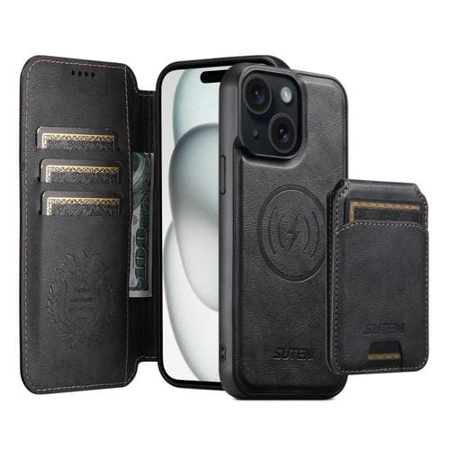 Funda de cuero Suteni Q05S2 3 en 1 con tapa vertical desmontable y función MagSafe para iPhone 15 (negra)
