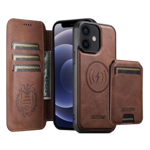Funda de cuero Suteni Q05S2 3 en 1 con tapa vertical desmontable y función MagSafe para iPhone 12 (marrón)