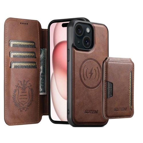 Funda de cuero Suteni Q05S3 3 en 1 con tapa vertical desmontable y función MagSafe para iPhone 15 Plus (marrón)
