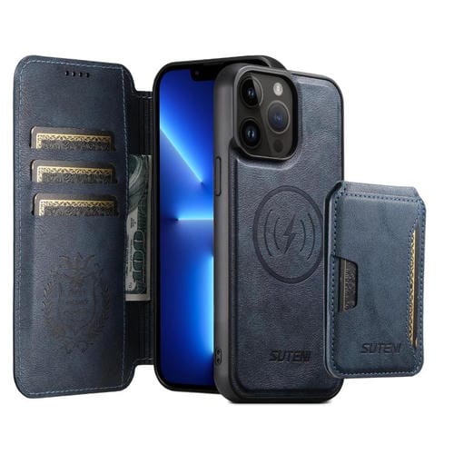 Funda de cuero Suteni Q05S3 3 en 1 con tapa vertical desmontable y función de cierre magnético para iPhone 13 Pro (azul)