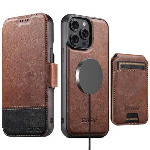 Funda de cuero Suteni Q06S2 3 en 1 con tapa vertical desmontable y cierre MagSafe para iPhone 15 Pro Max (marrón)