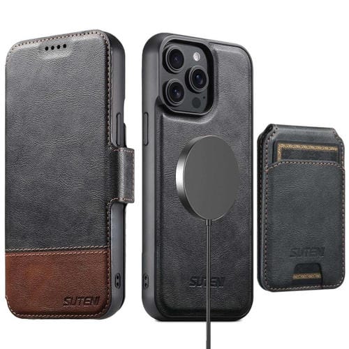 Funda de cuero Suteni Q06S2 3 en 1 con tapa vertical desmontable y cierre MagSafe para iPhone 14 Pro (negra)