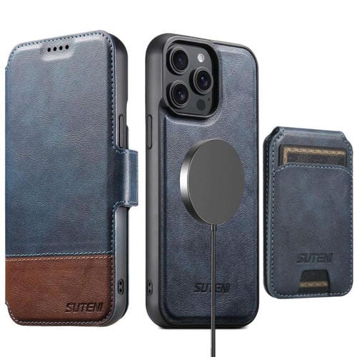 Funda de cuero Suteni Q06S2 3 en 1 con tapa vertical desmontable y cierre MagSafe para iPhone 13 Pro (azul)