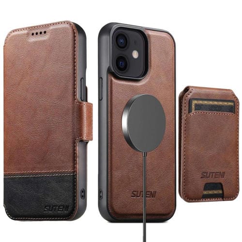 Funda de cuero Suteni Q06S2 3 en 1 con tapa vertical desmontable y cierre MagSafe para iPhone 12 (marrón)