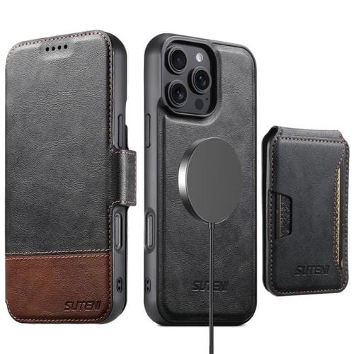 Funda de cuero Suteni Q06S3 3 en 1 con tapa vertical desmontable y cierre magnético para iPhone 16 Pro Max (negro)