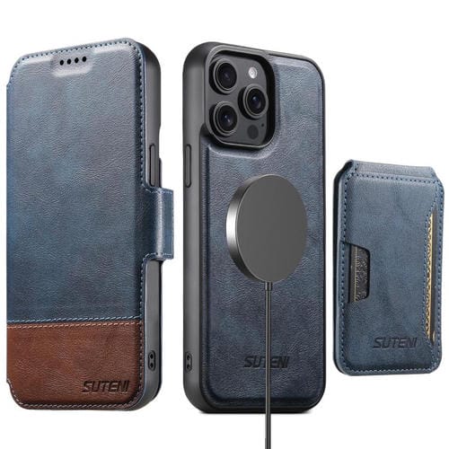Funda de cuero Suteni Q06S3 3 en 1 con tapa vertical desmontable y cierre magnético para iPhone 15 Pro (azul)