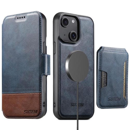Funda de cuero Suteni Q06S3 3 en 1 con tapa vertical desmontable y cierre magnético para iPhone 15 Plus (azul)