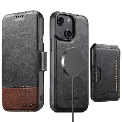 Funda de cuero Suteni Q06S3 3 en 1 con tapa vertical desmontable y cierre magnético para iPhone 15 (negro)
