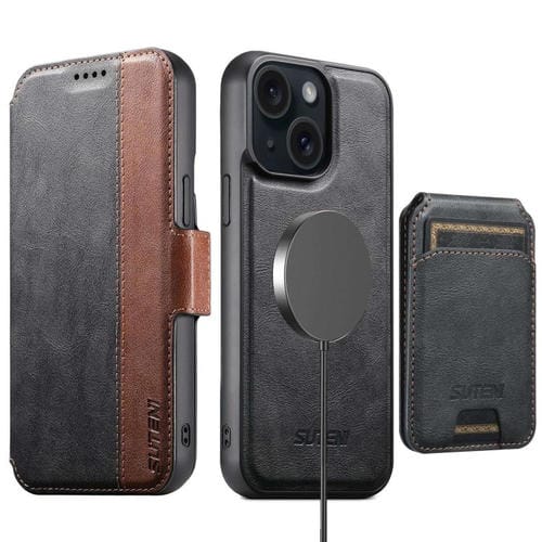 Funda de cuero Suteni Q07S2 3 en 1 con tapa vertical desmontable y cierre MagSafe para iPhone 15 Plus (negra)