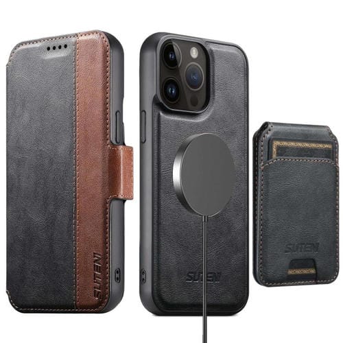 Funda de cuero Suteni Q07S2 3 en 1 con tapa vertical desmontable y cierre MagSafe para iPhone 14 Pro (negra)