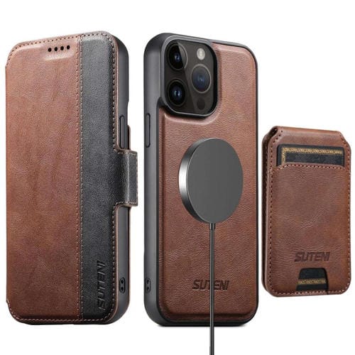 Funda de cuero Suteni Q07S2 3 en 1 con tapa vertical desmontable y cierre MagSafe para iPhone 13 Pro Max (marrón)