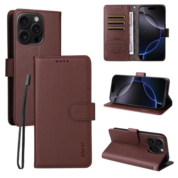 ENKAY - Funda de piel con textura de lichi y función atril para iPhone 16 Pro Max (marrón)