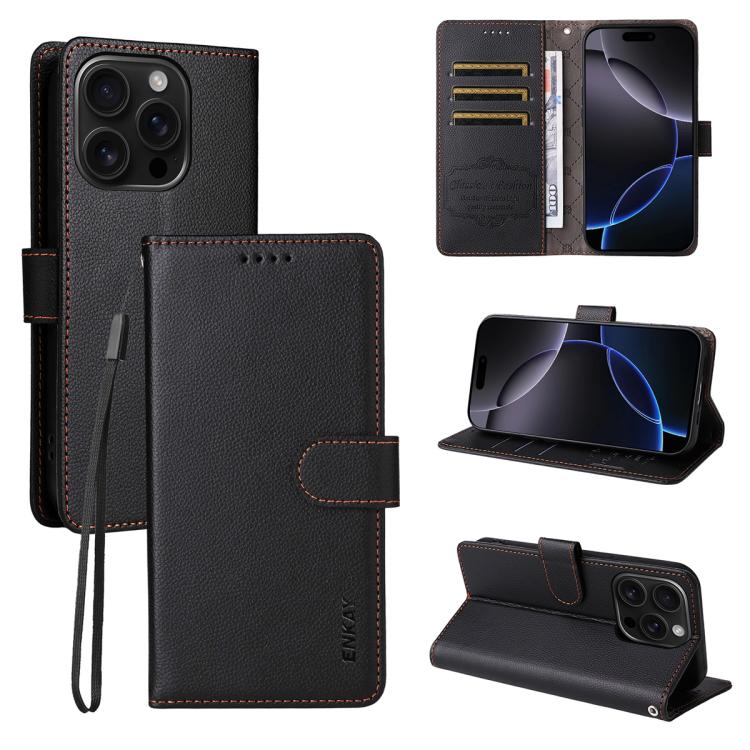 ENKAY - Funda de piel con textura de lichi y bloqueo RFID para iPhone 16 Pro (negra)