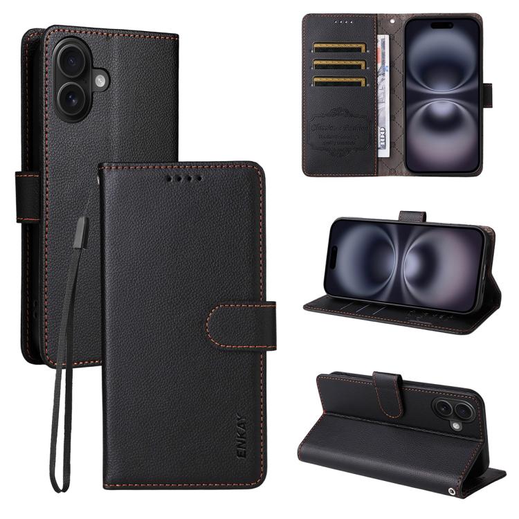 ENKAY - Funda de piel con textura de lichi y bloqueo RFID para iPhone 16 (negro)