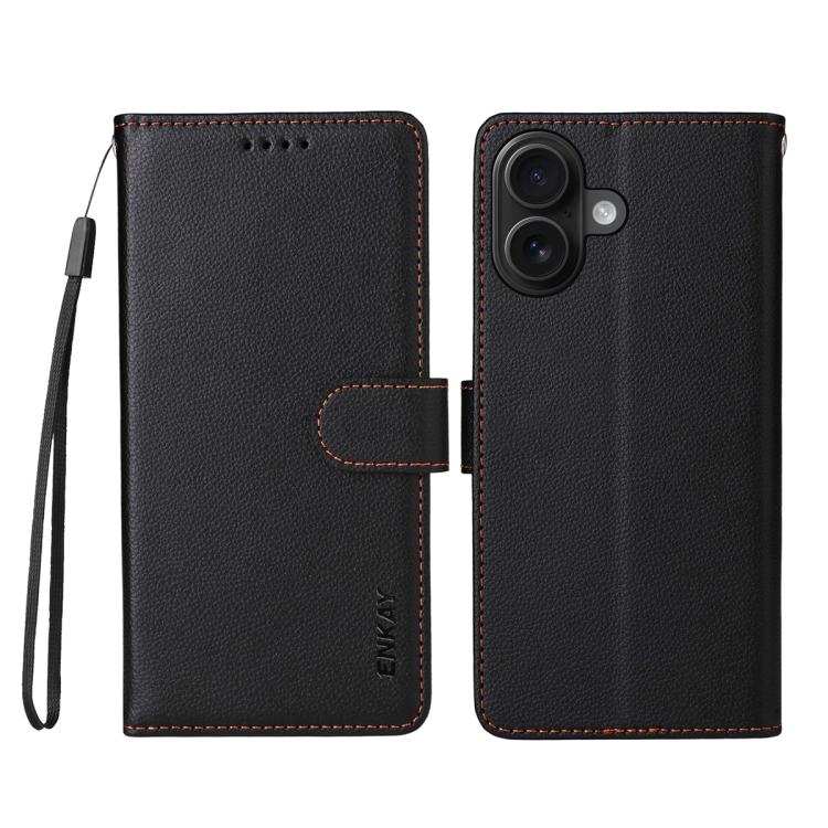 ENKAY - Funda de piel con textura de lichi y bloqueo RFID para iPhone 16 (negro)