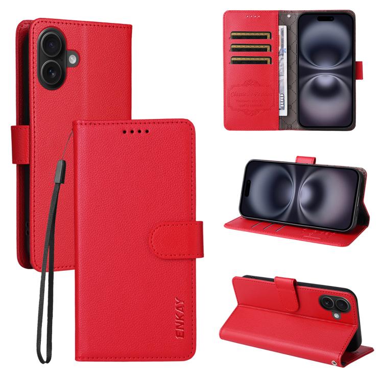 ENKAY - Funda de piel con textura de lichi y bloqueo RFID para iPhone 16 (roja)