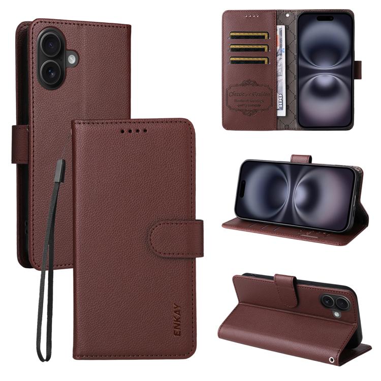 ENKAY - Funda de piel con textura de lichi y bloqueo RFID para iPhone 16 (marrón)