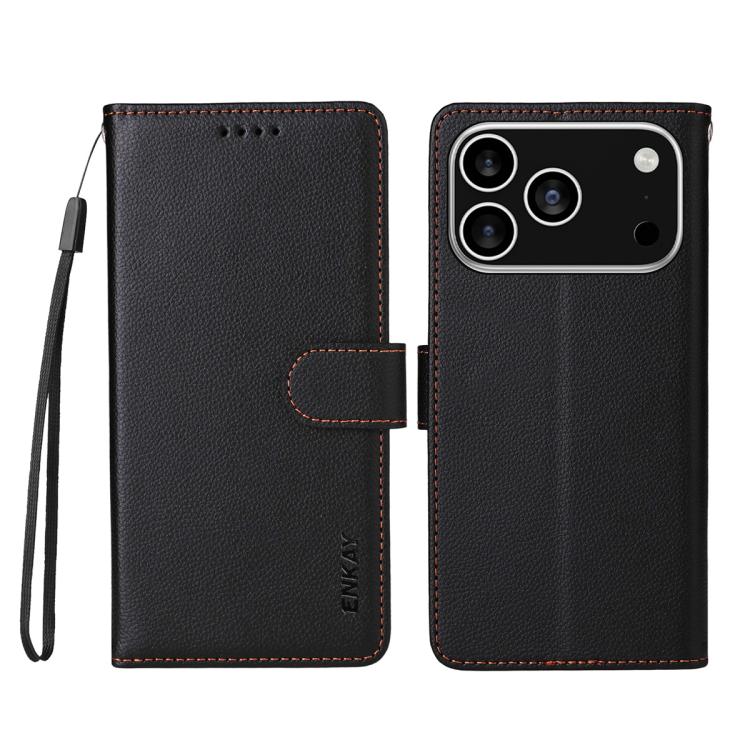 ENKAY - Funda de piel con textura de lichi y bloqueo RFID para iPhone 16e (negro)