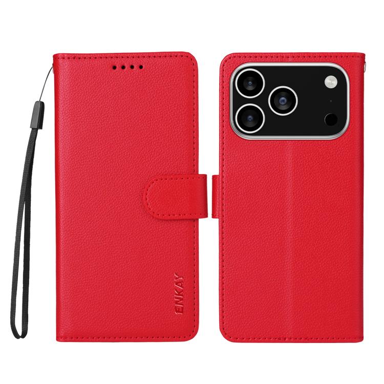 ENKAY - Funda de piel con textura de lichi y bloqueo RFID para iPhone 16e (roja)