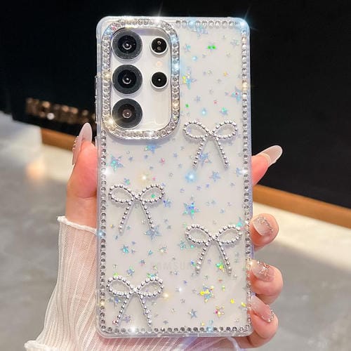 Funda antigolpes con lazo de cuatro esquinas y purpurina de diamante para Samsung Galaxy S25+ 5G (Estrellas transparentes)