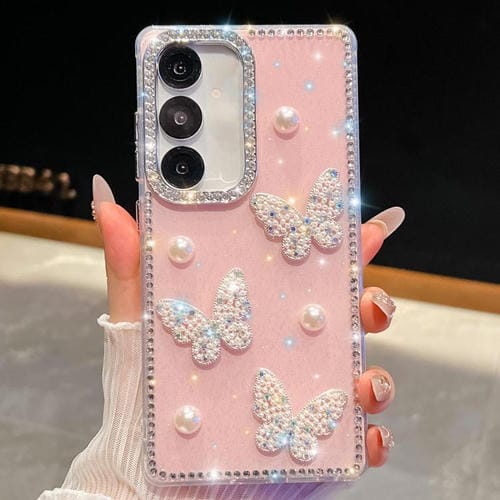 Funda a prueba de golpes con diseño de mariposa y diamantes brillantes en cuatro esquinas para Samsung Galaxy S24+ 5G (rosa claro)