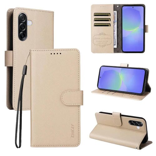 Funda de cuero con textura de lichi y soporte para Samsung Galaxy A36 5G / A36 5G JP ENKAY con bloqueo RFID (beige)