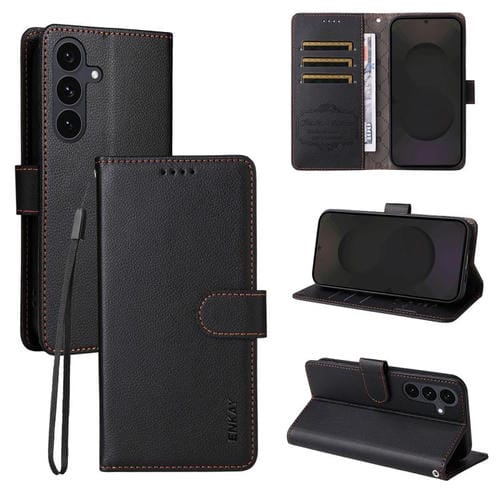ENKAY - Funda de piel con textura de lichi y función atril para Samsung Galaxy S25/S24 5G (negro)