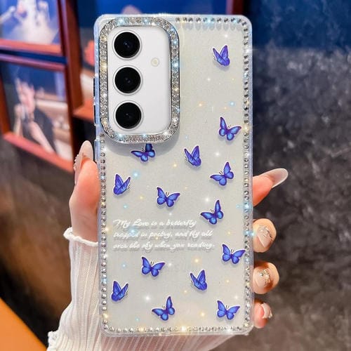 Funda a prueba de golpes con diseño de mariposa y brillo de diamante para Samsung Galaxy S24+ 5G (Mariposa azul B4)
