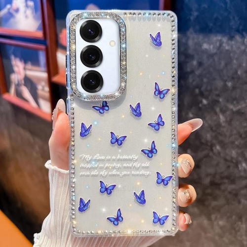 Funda a prueba de golpes con diseño de mariposa y brillo de diamante para Samsung Galaxy S25 5G (Mariposa azul B4)