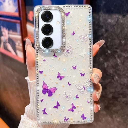Funda a prueba de golpes con diseño de mariposa y brillo de diamante para Samsung Galaxy S25 5G (Mariposa morada B6)